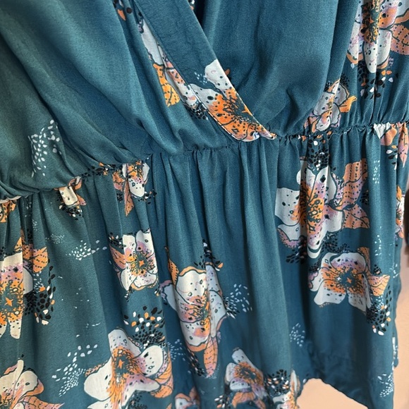 Free People Teal Floral Tuscan Dreams tunic mini dress / tunic top long sleeve M - Picture 6 of 16